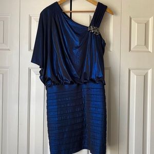 xscape | blue metallic one shoulder dress